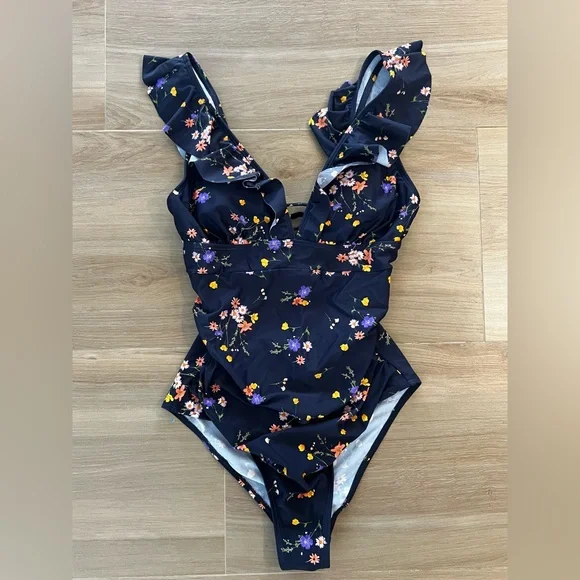 Cupshe Women's Ruffle Lace Up One Piece Swimsuit Blue Floral Womens XS & Med NWT - Picture 5 of 7